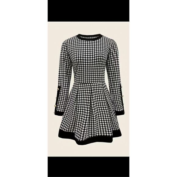 Houndstooth print dress elegant crewneck long sleeve tucked dress. Size 12 - Picture 6 of 10